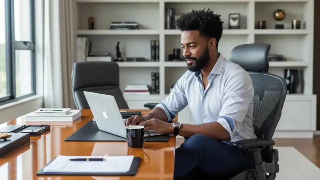 Pessoa trabalhando em escritório moderno, representando a importância de ter um site próprio