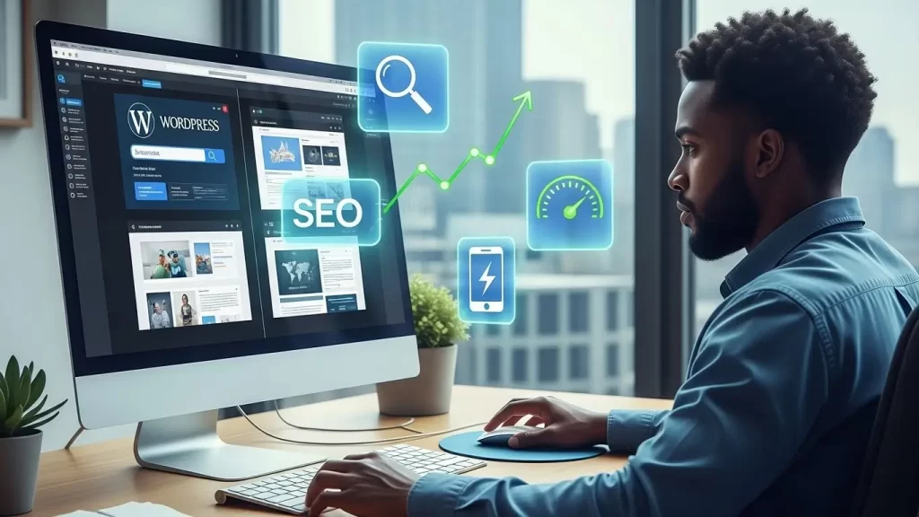 Desenvolvedor analisando o melhor tema WordPress para SEO em ambiente profissional com ícones de otimização