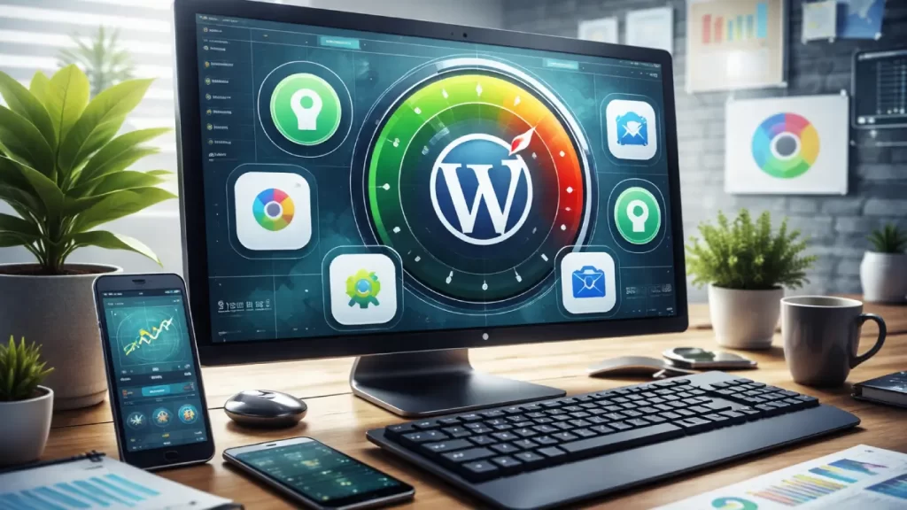 Plugins de performance para WordPress exibidos em um painel de velocidade e otimização de site