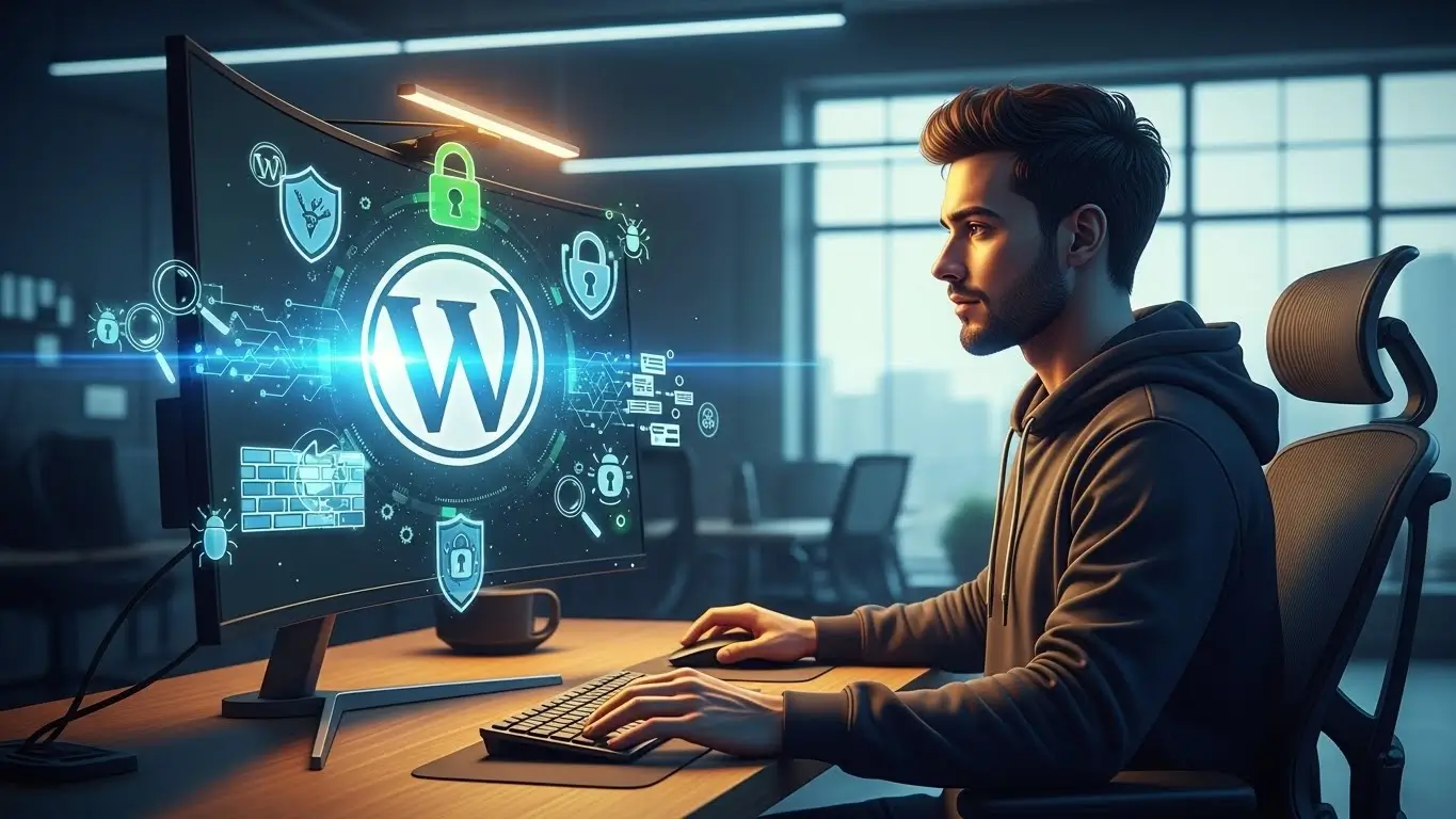 Desenvolvedor configurando segurança para sites WordPress com ícones de proteção digital e cadeados