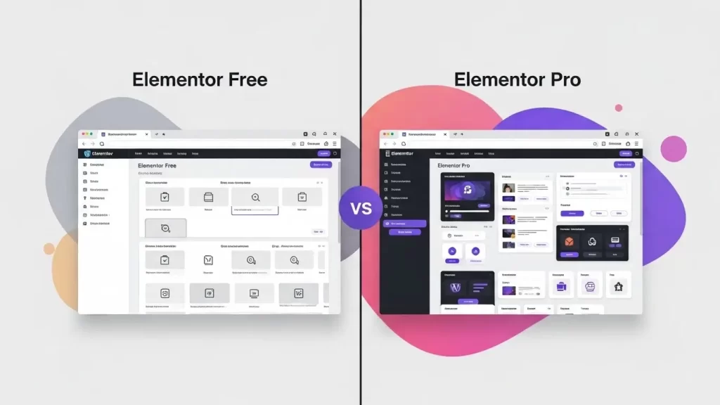 Comparação entre Elementor Pro vs Elementor Gratuito mostrando diferenças de interface e recursos no WordPress