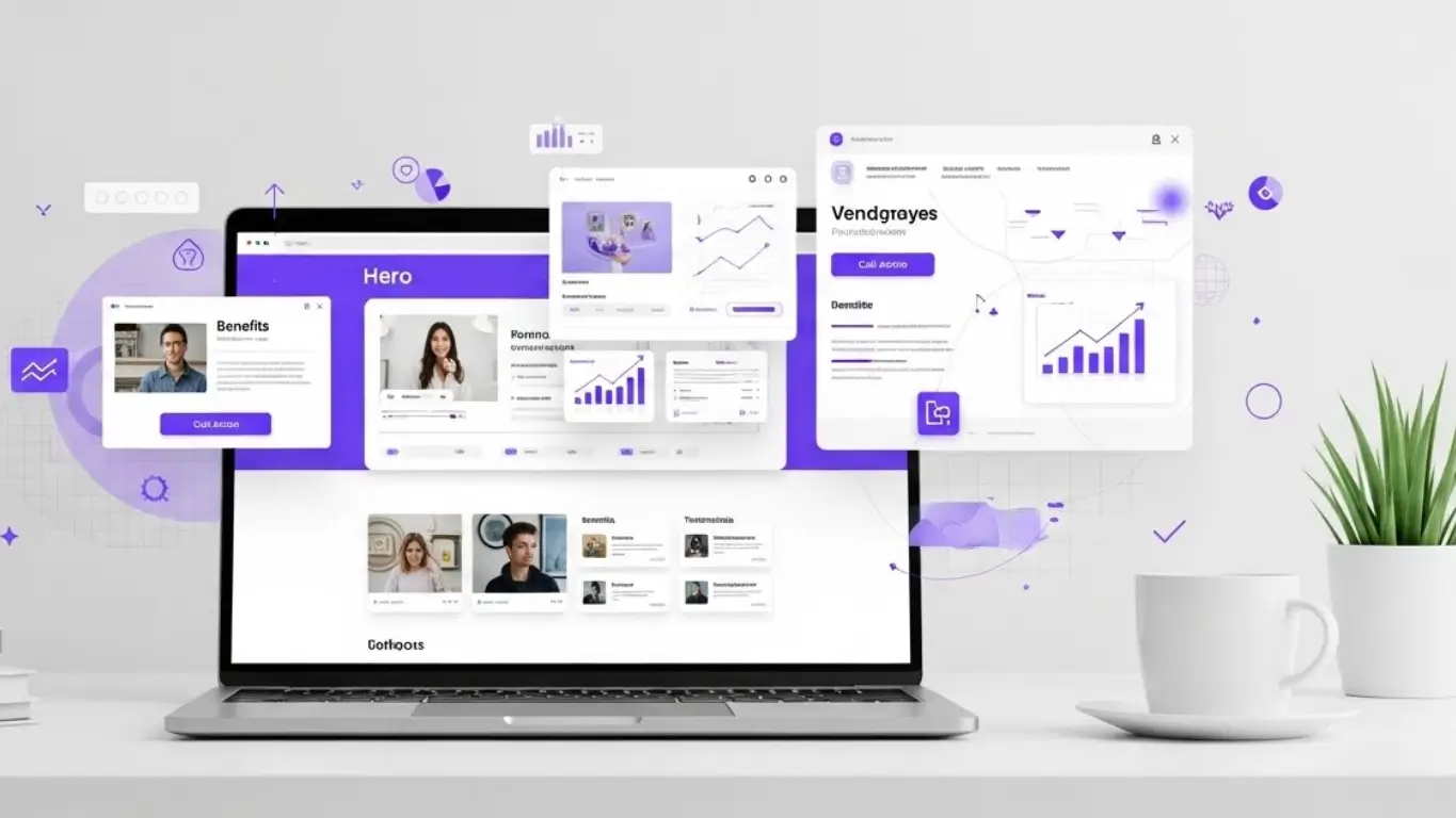 Mockup de landing pages de alta conversão em notebook, com layout moderno, elementos de marketing digital, gráficos de crescimento e design profissional focado em conversão