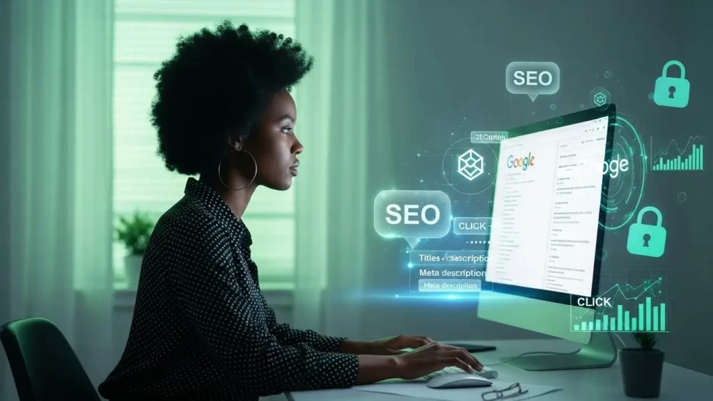 Profissional trabalhando em otimização de títulos e meta description com elementos visuais de SEO no computador