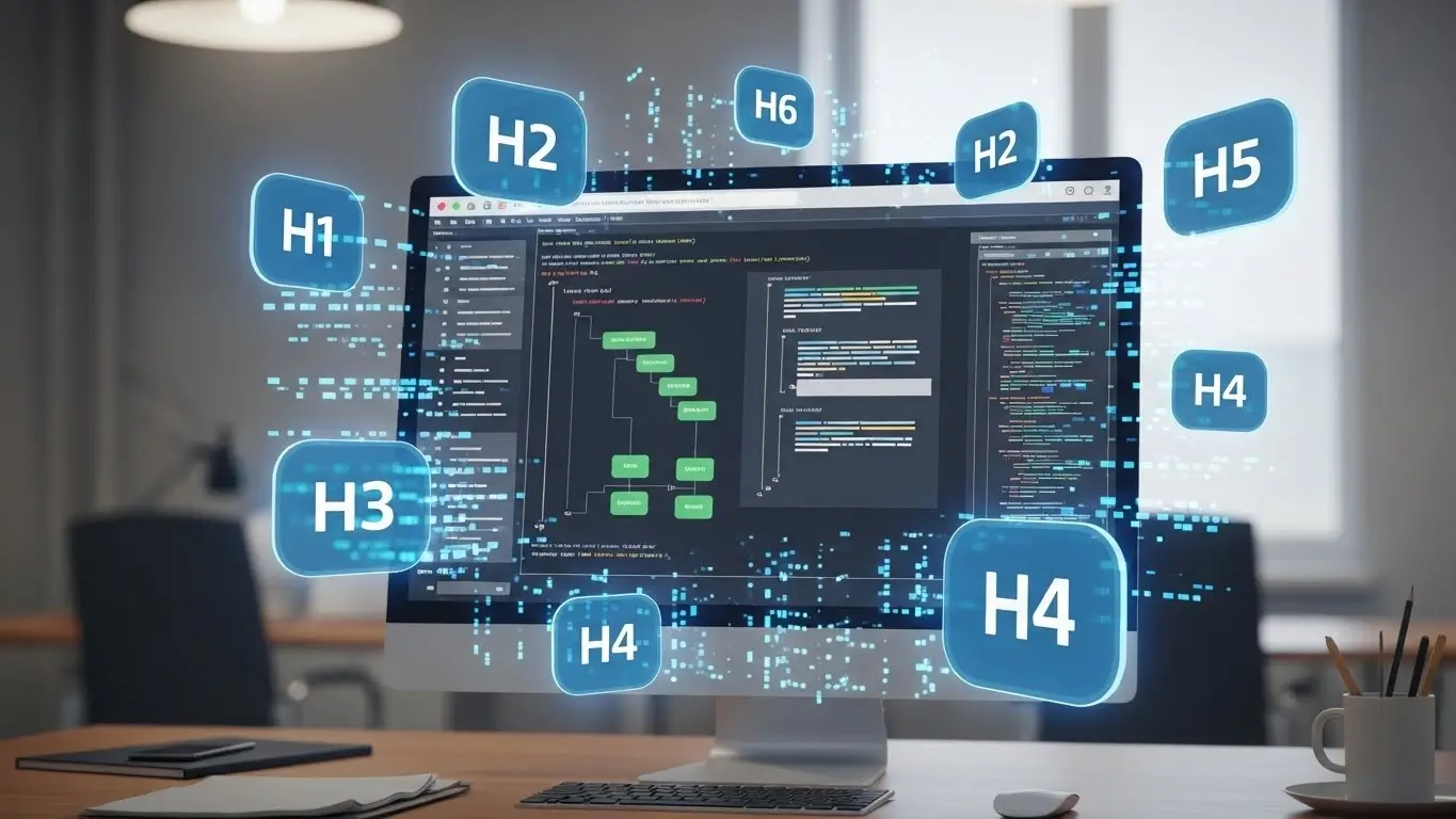 Tela de computador exibindo código e tags HTML heading tags H1 a H6 flutuando em ambiente digital
