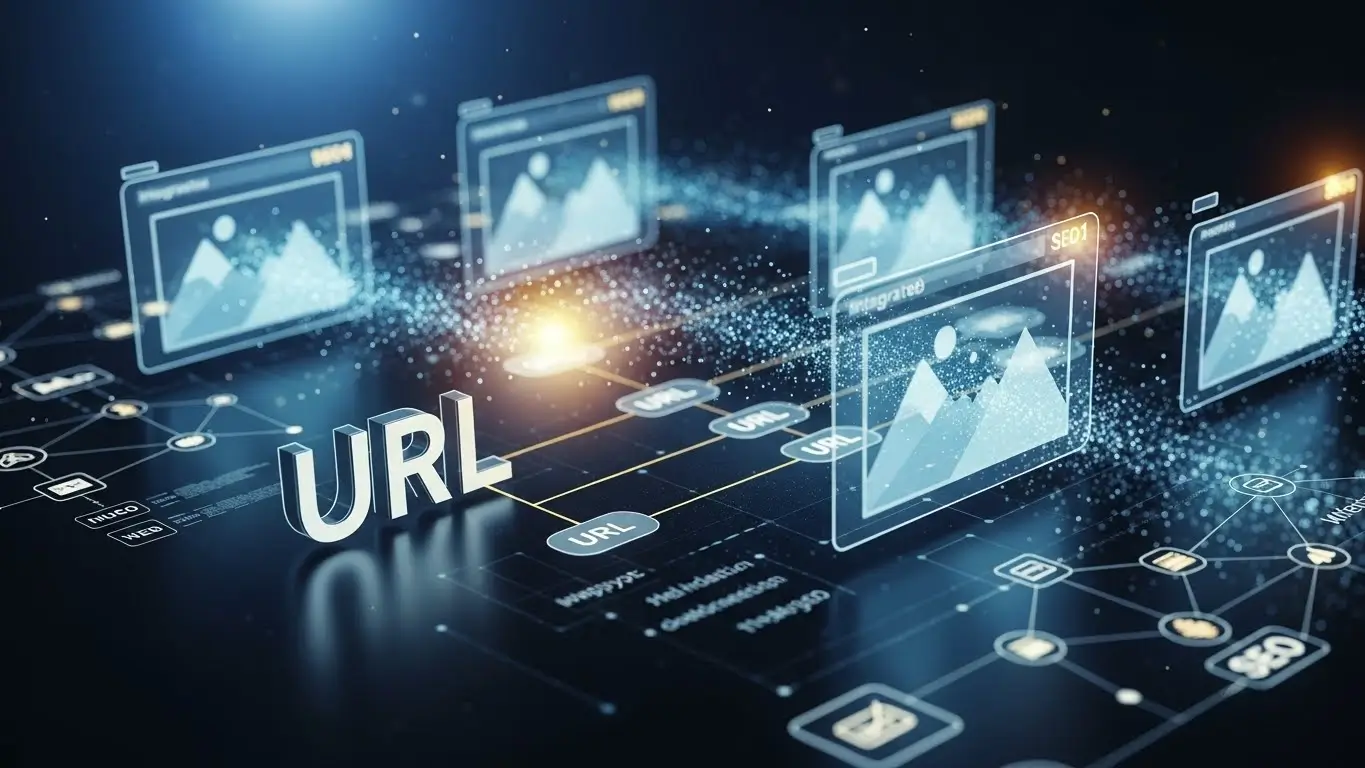 Ilustração realista representando estrutura de URL amigável com otimização de imagens e SEO técnico em ambiente digital