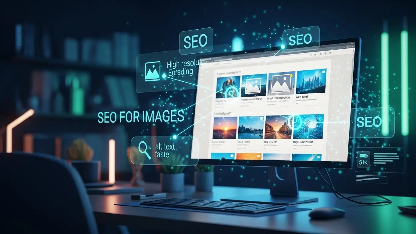 Ilustração realista de SEO para imagens mostrando um monitor com galeria de fotos otimizada, ícones de SEO, alt text e carregamento rápido em um ambiente de trabalho moderno.