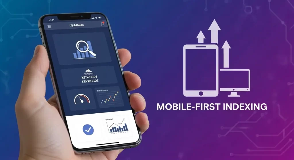 Ilustração de mobile-first indexing no SEO com smartphone e gráficos de desempenho